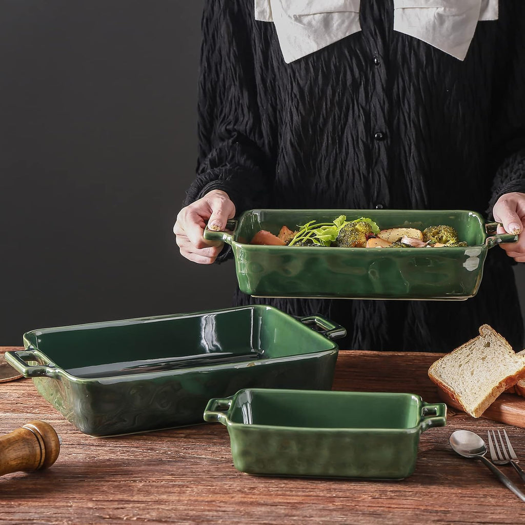 VICRAYS Ceramic Bakeware Set - Porcelain Rectangular Baking Dish for Lasagna & Casseroles | 3-Piece, 15 x 8.5 Inches (Green)