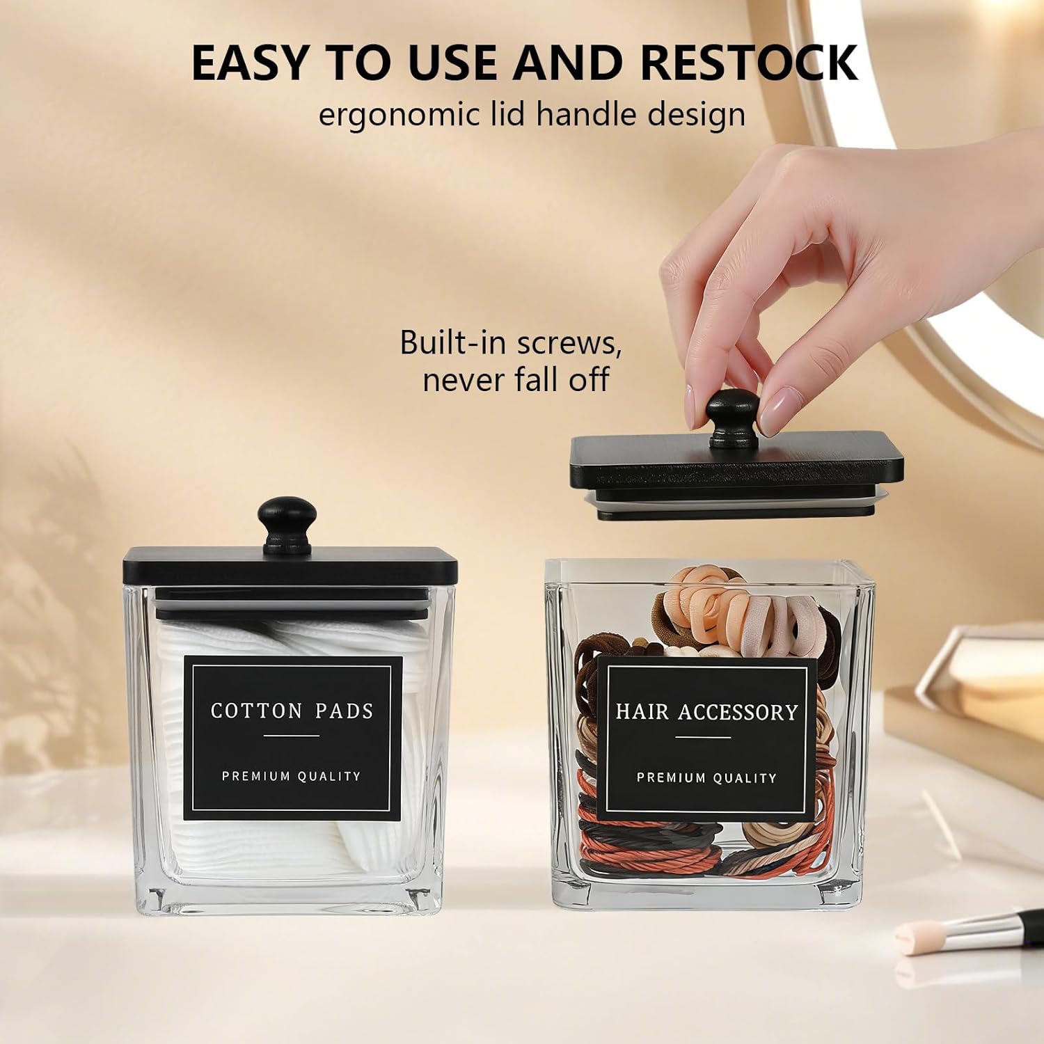 Skiennix 2-Pack Glass Qtip Holder Dispenser Set - Elegant Bathroom Storage Canisters for Cotton Balls, Swabs & More