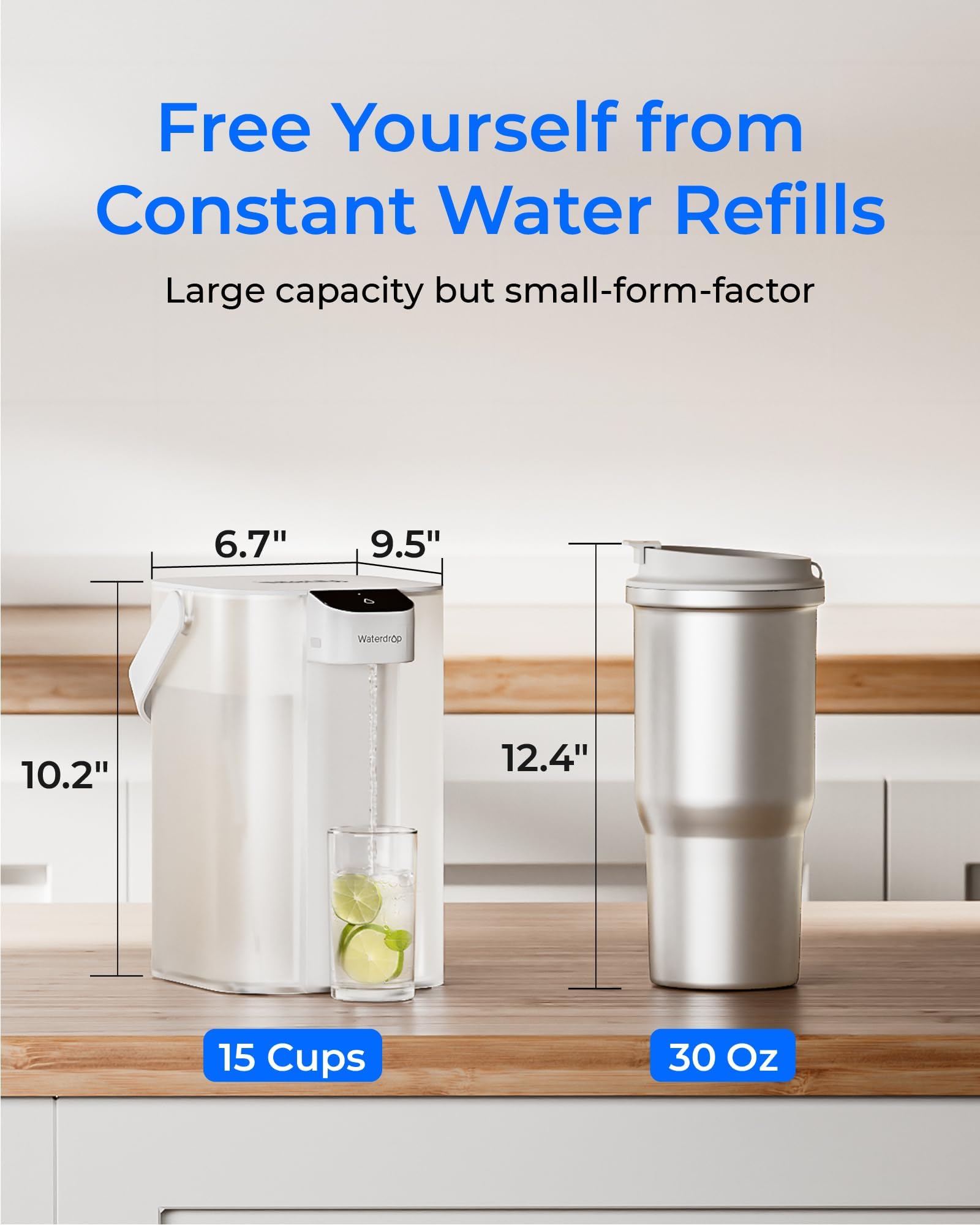 Waterdrop ED01W Electric Water Filter Pitcher, Reduce 99.6% of Lead and 45+ Impurities, 15-Cup 200-Gallon Capacity, Rechargeable Instant Dispenser, NSF/ANSI 42&53&401&372, Does not Lower TDS, White