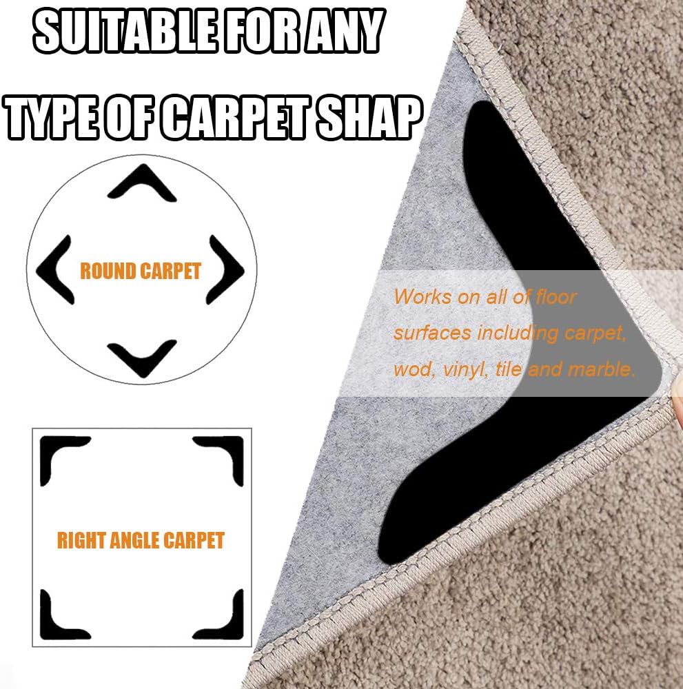Rug Grippers by Super Stickiness | Non-Slip Carpet Tape for Flat Corners - 8pcs Black