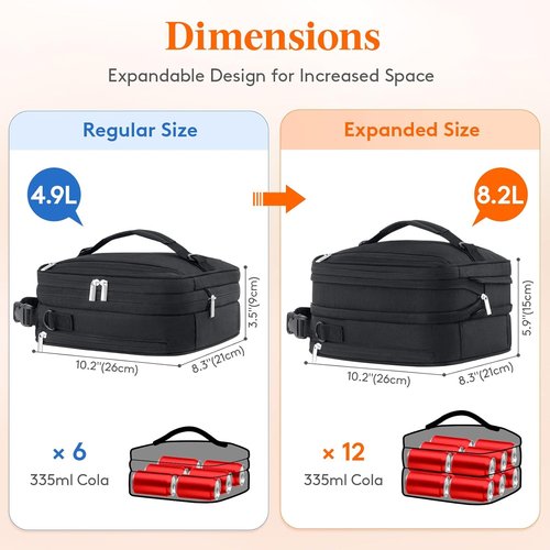 Lifewit Insulated Lunch Box - Expandable Cooler Bag with 2 Ice Packs | 8.2L Black for Work & Travel