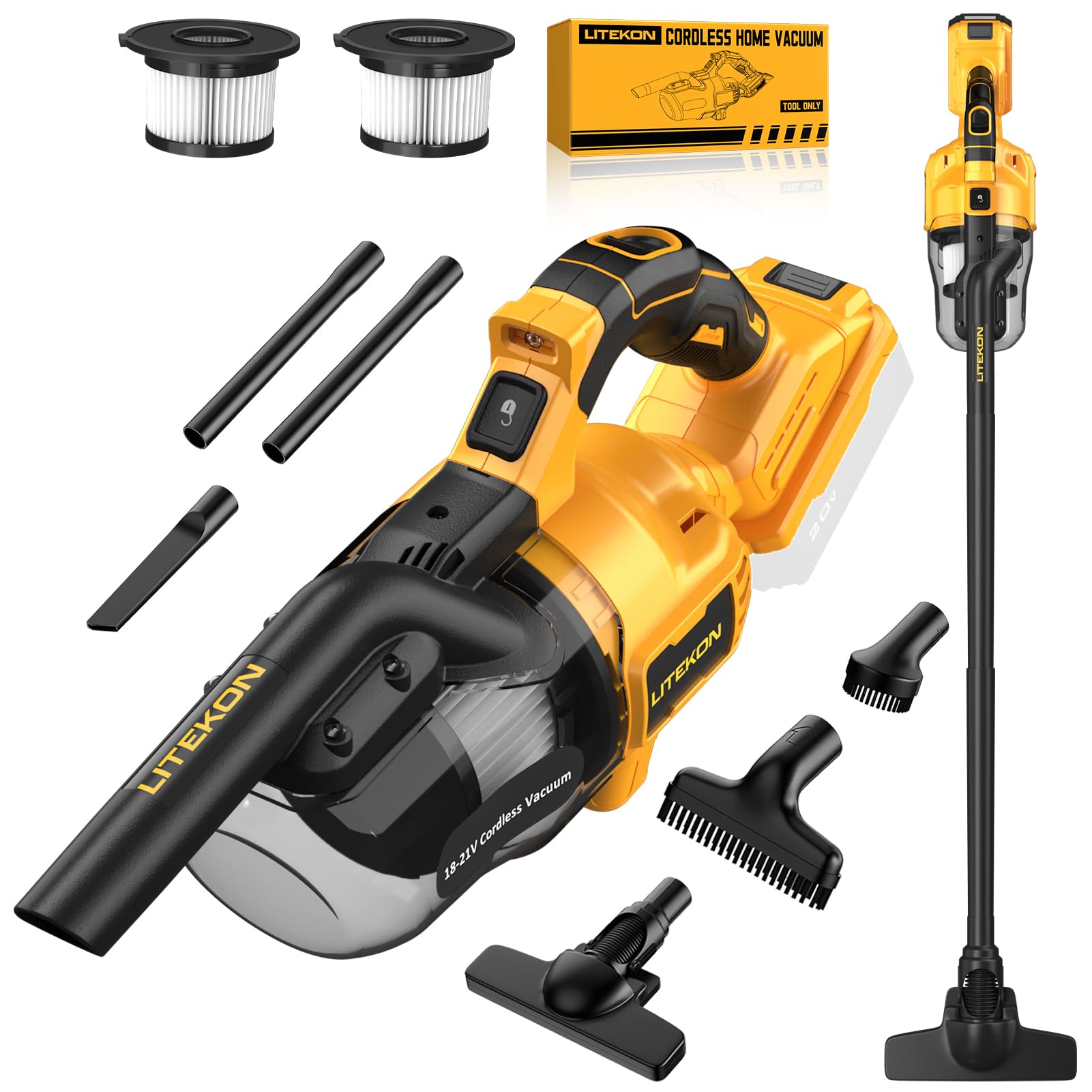 LITEKON Cordless Vacuum Compatible with 𝗗𝗘-𝗪𝗔𝗟𝗧 20V Max Battery (No Battery), Handheld Battery Powered Vacuum Cleaner for Wood Floor, Carpet, Car Cleaning, 125AW (Tool Only)