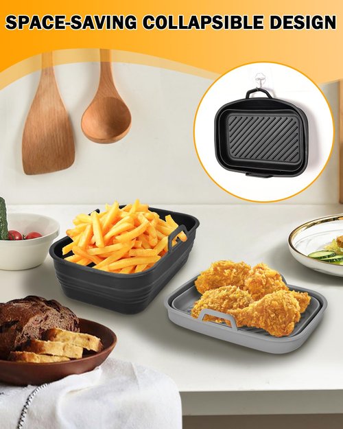 Air Fryer Silicone Liners Collapsible 2-Pack for bella 6Qt(5lb) Slim Air Fryer, Reusable Airfryer Silicone Pot Baking Basket Insert Accessories, Non Stick, Easy Cleaning, Gray+Black
