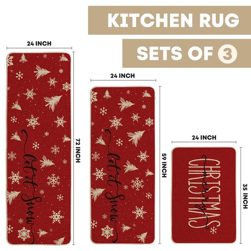 Artoid Mode Xmas Trees Snowflake Let It Snow Merry Christmas Kitchen Mats Set of 3, Winter Decor Low-Profile Kitchen Rugs - 24"x35"+24"x59"+24"x72"
