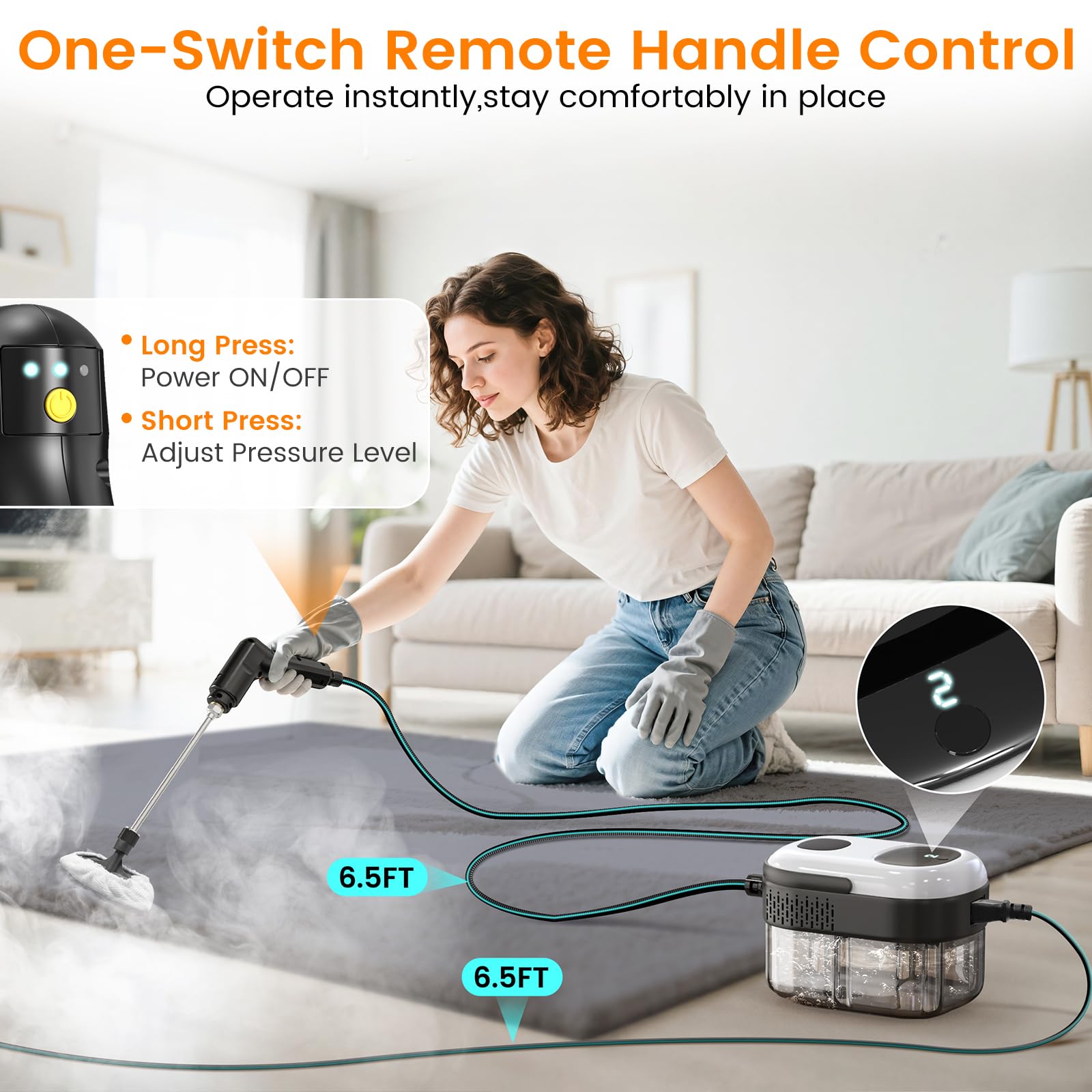 Pressurized Steam Cleaner, 3-Level Adjustable Handheld Steamer Cleaning for Home, 15s Fast Heat-Up & 47.3oz Tank, 2500W Multi-Surface Portable Steamer for Floor/Grout/Car/Kitchen & Bathroom