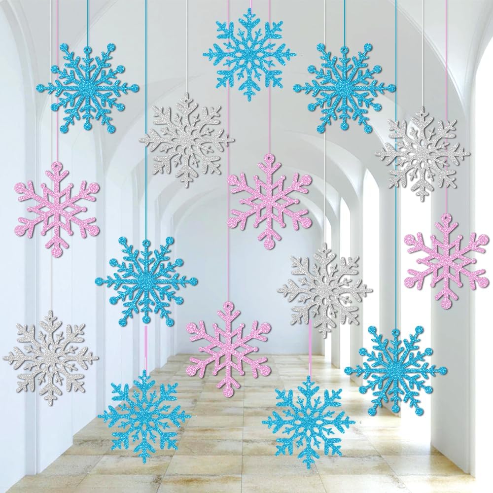 Skiennix Winter Snowflake Hanging Ornaments - Sparkly Ceiling Streamers for Holiday Decor | Glitter Pink, Blue, Silver
