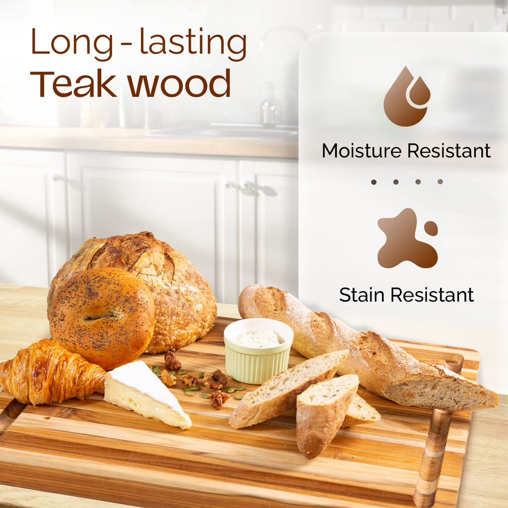 Yes4All Plus Large Edge Grain Teak Cutting Board for Kitchen, 24''L x 18''W x 1.5''Thick, Durable Wood with Juice Grooves, Pre-Oiled, Easy Grip Handles, Ideal for Chopping and Serving