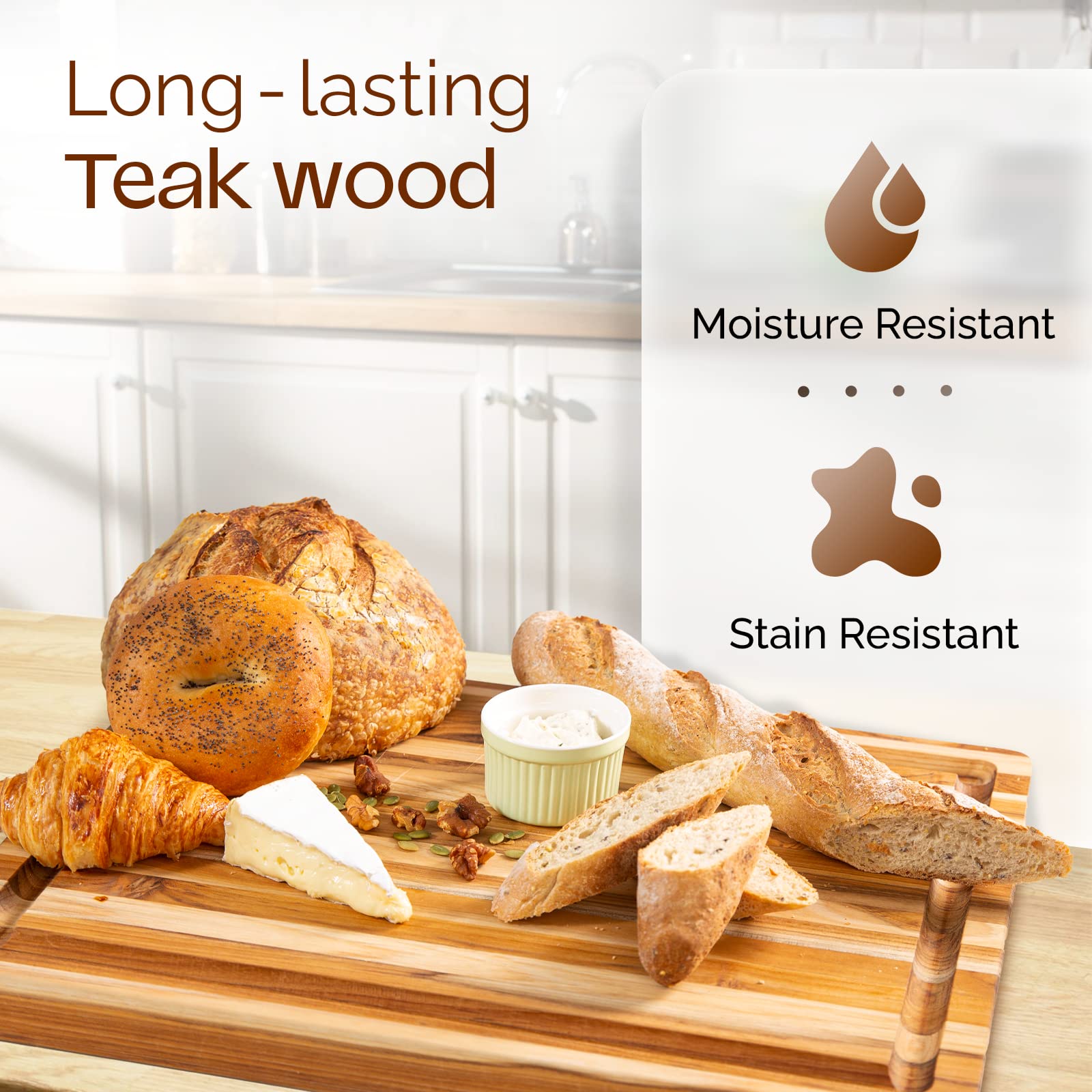 Yes4All Plus Large Edge Grain Teak Cutting Board for Kitchen, 24''L x 18''W x 1.5''Thick, Durable Wood with Juice Grooves, Pre-Oiled, Easy Grip Handles, Ideal for Chopping and Serving