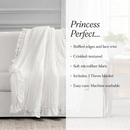 Lush Decor Ella Ruffle Lace Throw Blanket, 50" W x 60" L, White - Coquette Throw Blankets for Bed - Couch Blanket - Ruffled Throw Blanket for Couch