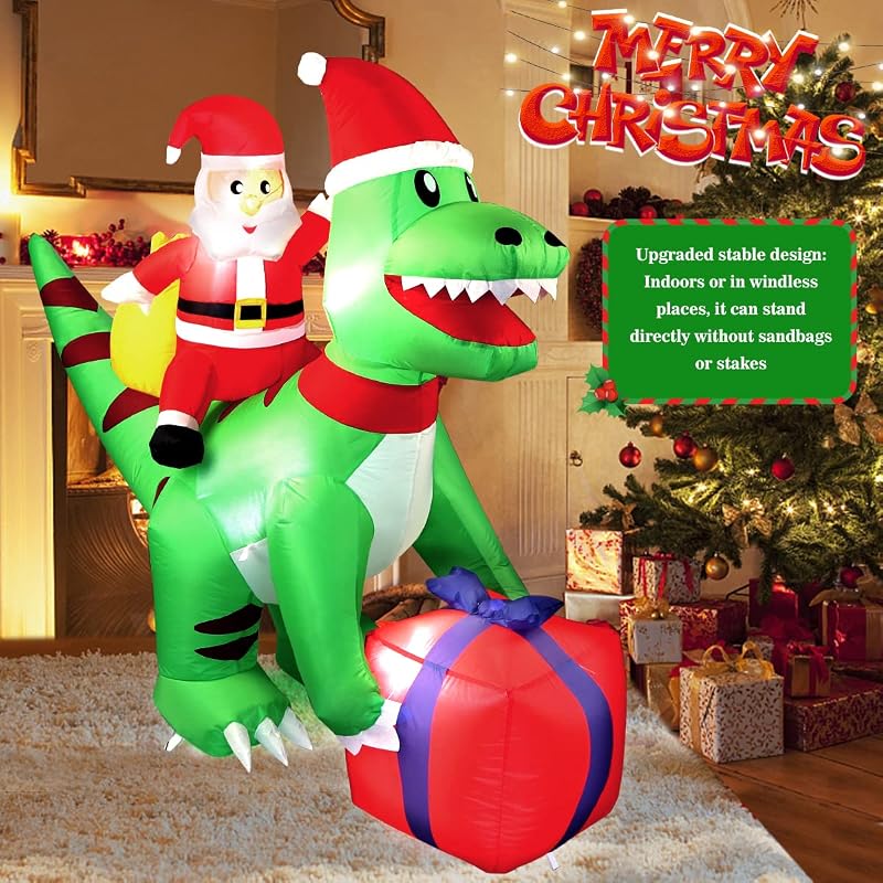 5 Ft Christmas Inflatable T-Rex Dinosaur with Santa Claus — Built-in LED, Easy Setup