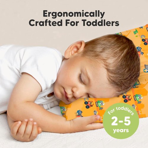 Little Builders Toddler Pillow - Soft Organic Cotton Travel Bed Pillow with Case | 13x18 Inches, Machine Washable