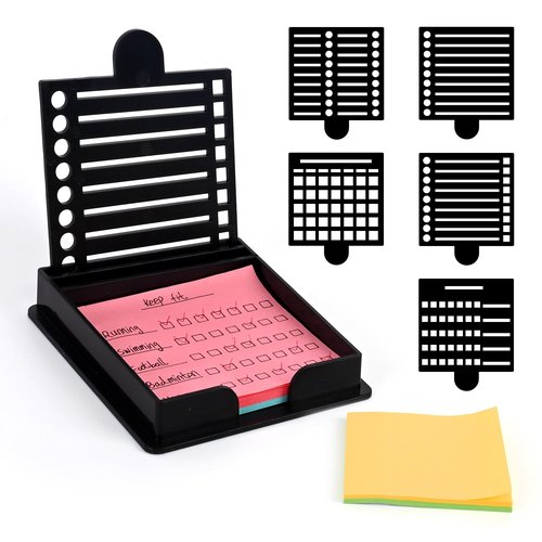 JANLOVE Sticky Note Holder Compatible with Post It Notes, 3x3 Sticky Note Stencil Dispenser with Template, Memo Pad Organizer with Five Line Box Drawing Template for Home and Office