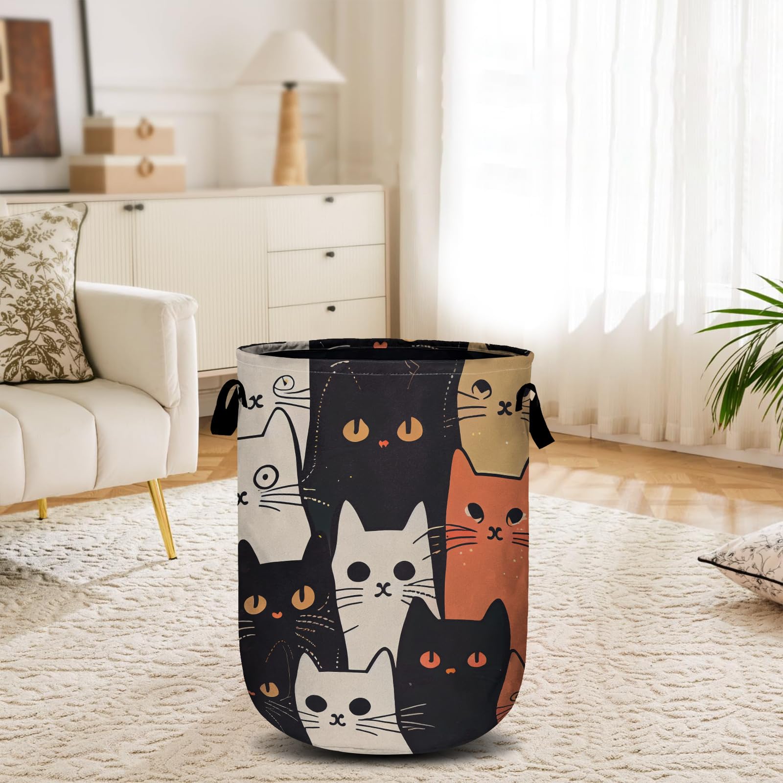 Watercolor Funny Cat Laundry Basket, Laundry Hamper Collapsible Oxford Cloth with Handle Clothes Storage Bin for Bathroom Laundry Room Bedroom 15.7 X 20 Inch
