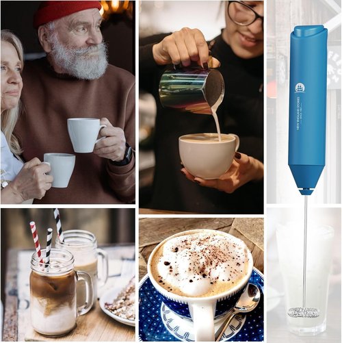 England Stories Electric Milk Frother - Handheld Battery Operated Whisk for Coffee, Latte & Matcha - Metal Blue