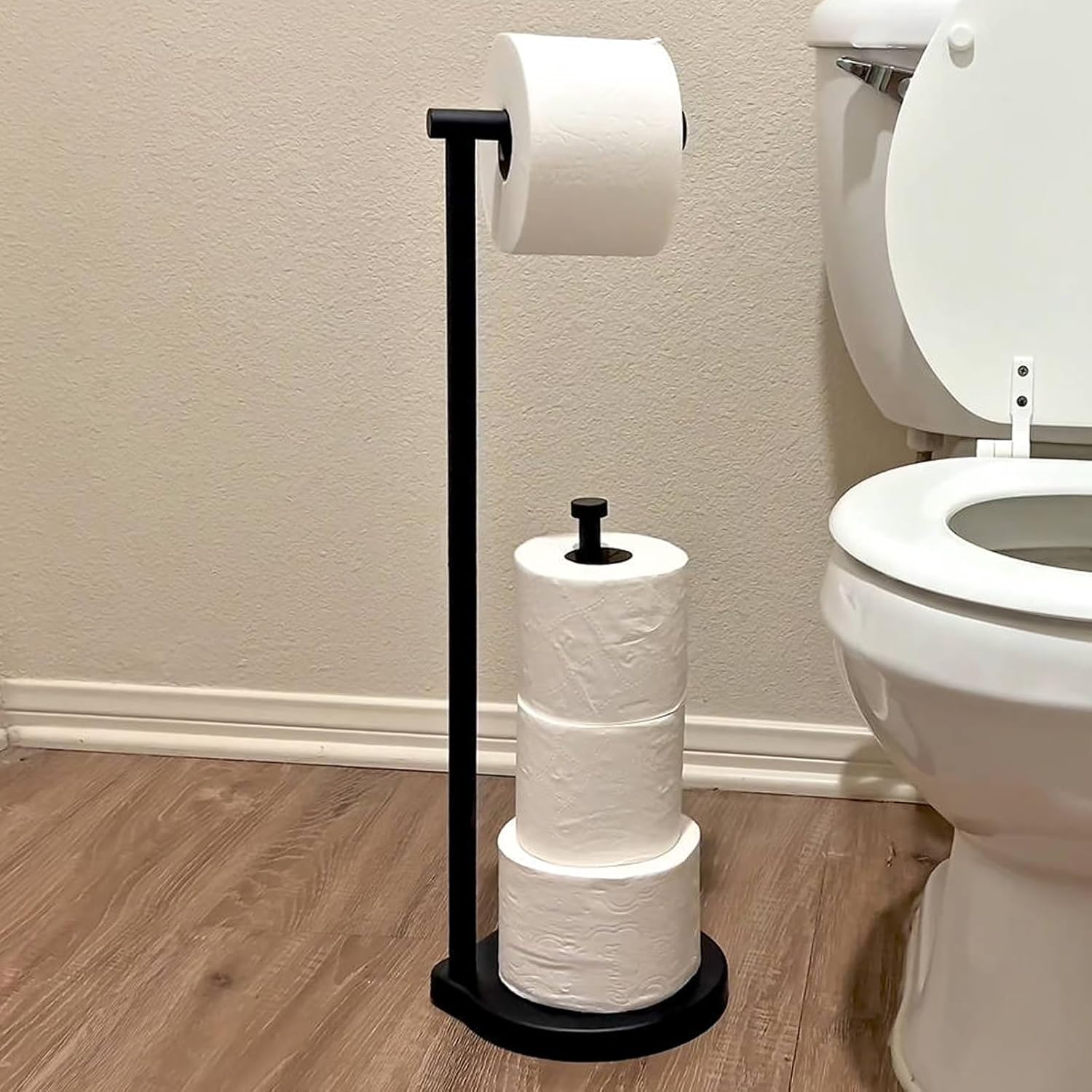 Theaoo Heavy-Duty Toilet Paper Holder Stand - Modern Freestanding Stainless Steel Tissue Roll Holder | Black