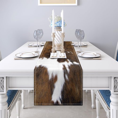 Cow Print Table Runner Brown Western Runners Cowhide Table Decorations Farmhouse Country Table Runner for Party Home Kitchen Dining Room 13x71 Inch (just a Print)