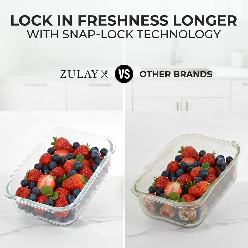 Zulay Kitchen 36oz Glass Tupperware Container Set - 5 Piece BPA-Free Borosilicate Storage | Leak-Proof & Oven Safe - Gray