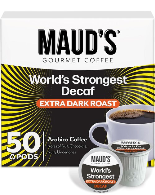 Maud's World's Strongest Decaf Coffee Pods, 50ct, Decaffeinated Dark Roast Coffee in Recyclable Single Serve Pods – 100% Arabica Coffee, Compatible with Keurig K Cups Maker