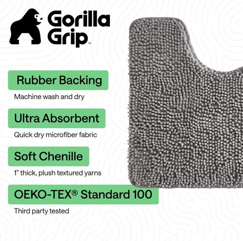 GORILLA GRIP Plush Chenille Bath Rug Mat - Soft Microfiber for Oval Toilet Base | Machine Washable, Grey