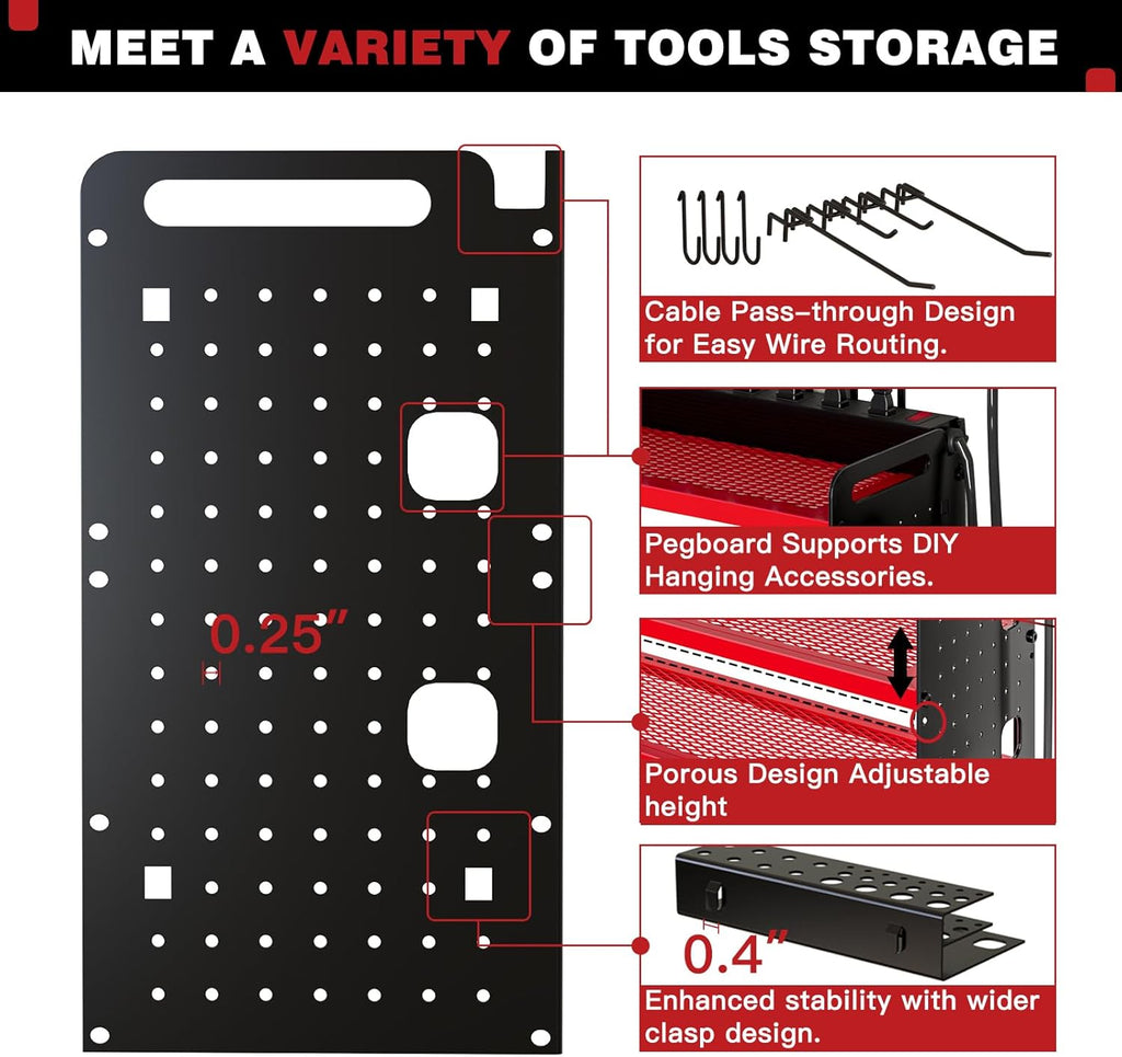 NattyDot Power Tool Organizer - Wall Mount Charging Station with 8 Drill Holders & 4 Layer Storage Rack (Red)