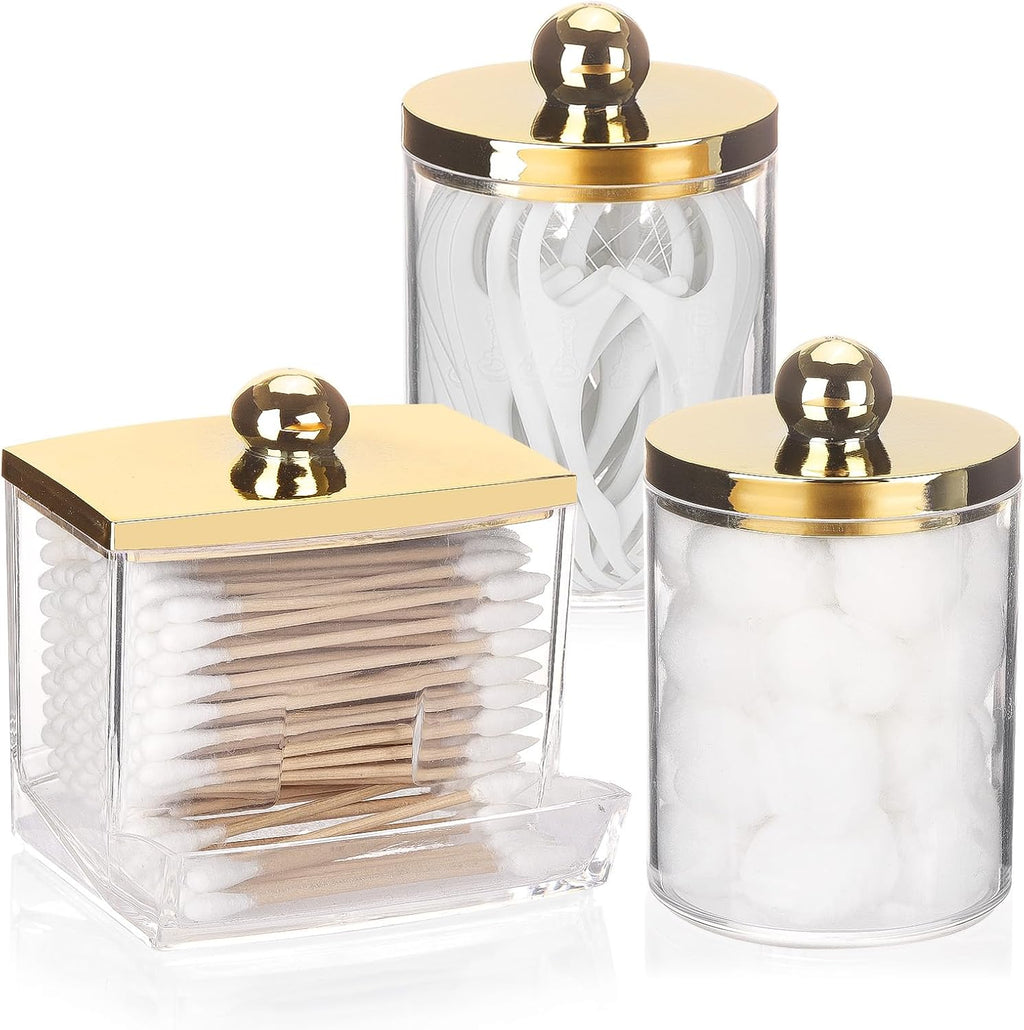 Tbestmax Cotton Ball Holder - 10oz Apothecary Jar with Gold Lid | Bathroom Organizer for Swabs & Pads