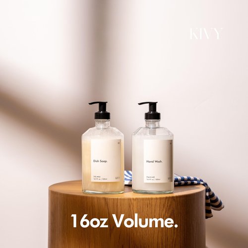 KIVY Glass Soap Dispenser Set [INCL. Waterproof Labels] - Glass Soap Dispenser with Pump - Hand Soap and Dish Soap Set - for Kitchen, Shower & Bathroom - Refillable (2X 16oz)