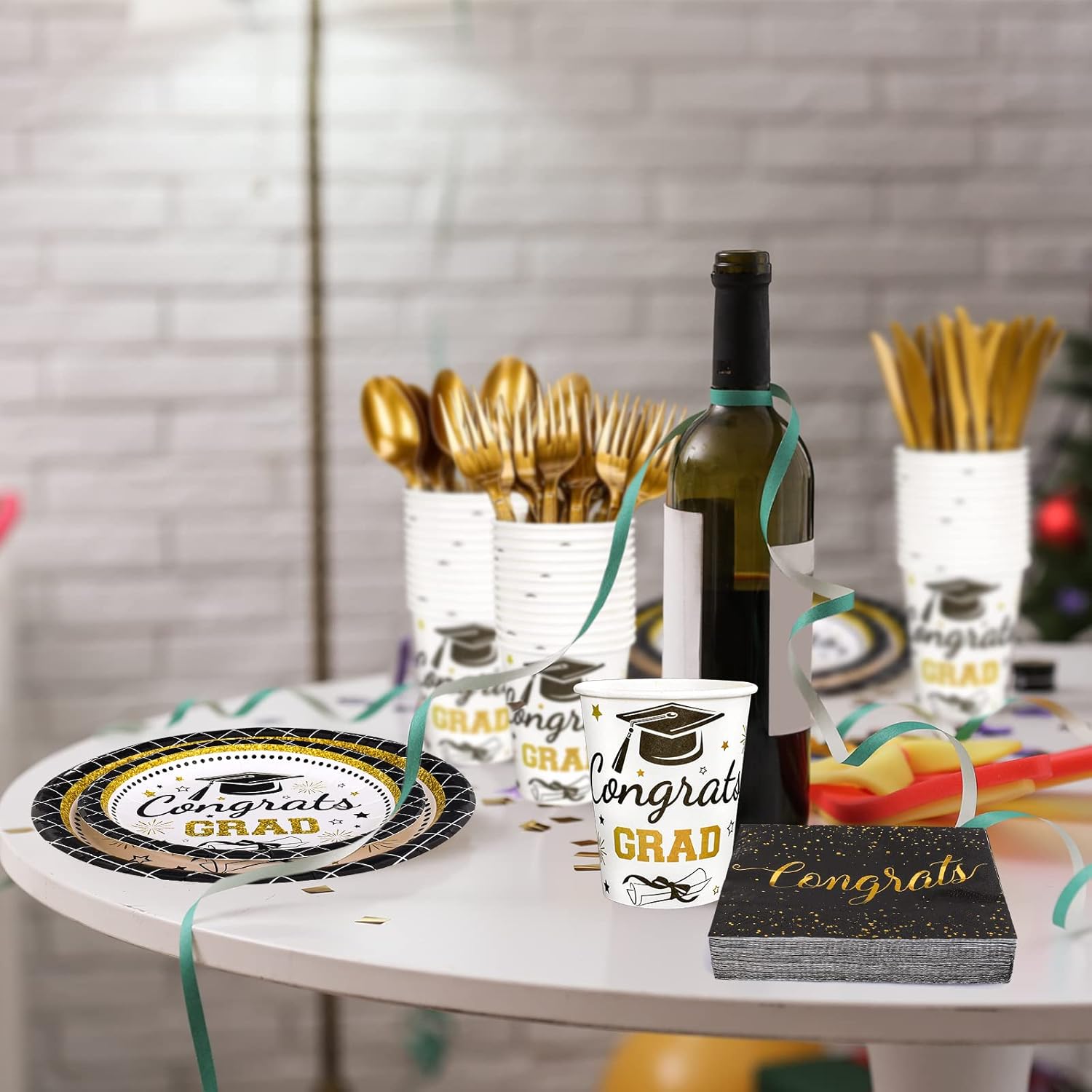 Whaline Graduation Party Supplies - 175Pcs Disposable Tableware Set for 25 Guests | Plates, Napkins, Cups, Cutlery