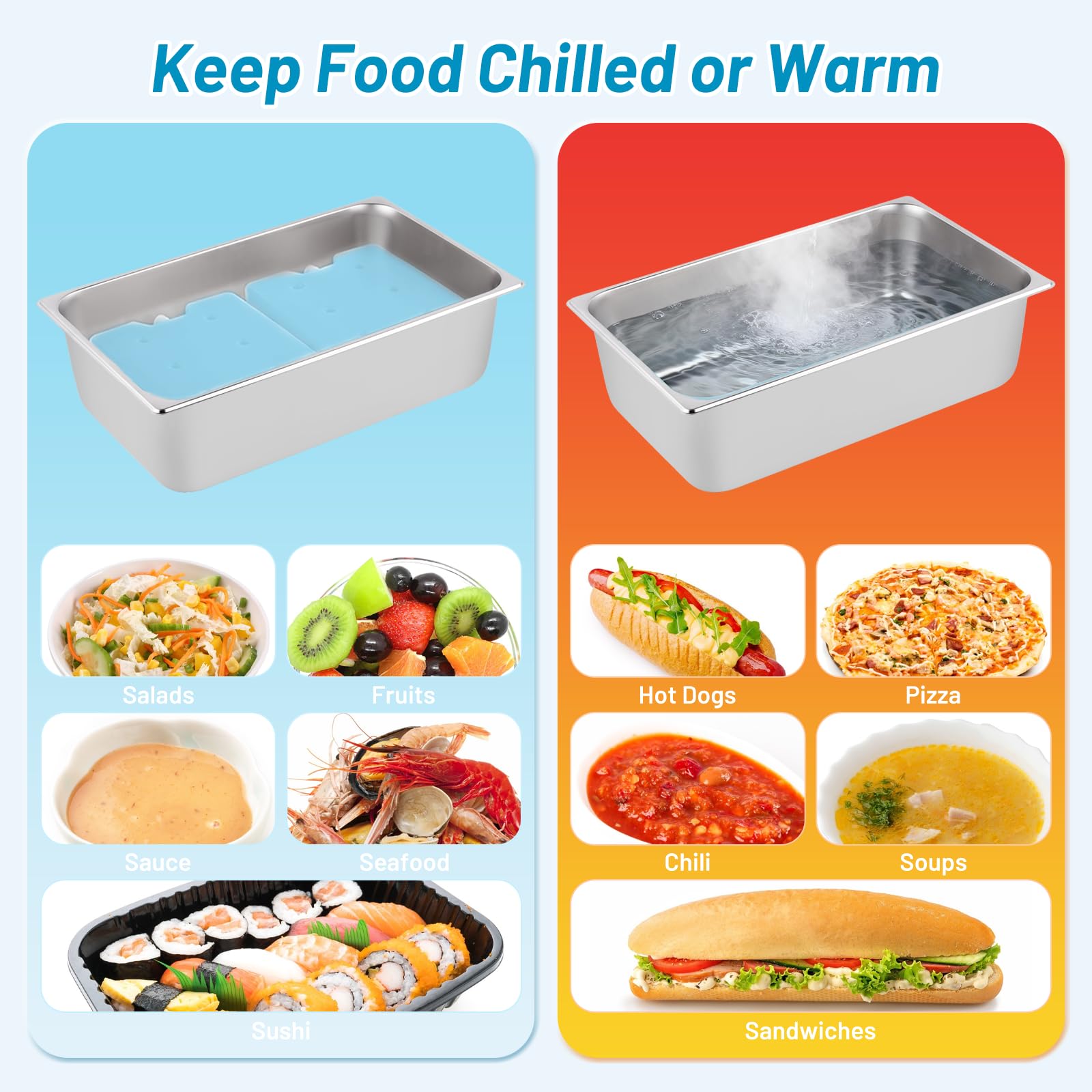 YMJOINMX Cold Ice Food Serving Display tray 6 Pan ×2QT with Ice Packs Clear Lids for Salad Pizza Sauce Cooled Condiment Container Buffet Server Cooler for Party Home