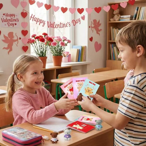 24pcs Valentines Day Gifts for Kids,Valentines Day Cards with Bear Erasers,Valentine Bulk Erasers School Classroom Students Exchange Gifts Party Favors