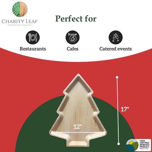 Charity Leaf Disposable Palm Leaf 17"x12" Christmas Plates (25 pieces) Bamboo Like Serving Platters, Disposable Boards, Eco-Friendly Dinnerware For Christmas, Weddings, Catering, Events