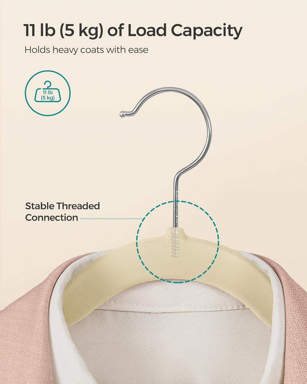 SONGMICS Velvet Hangers - 50 Pack Non-Slip Suit Hangers with Shoulder Notches & 360° Swivel Hook - Sand Beige