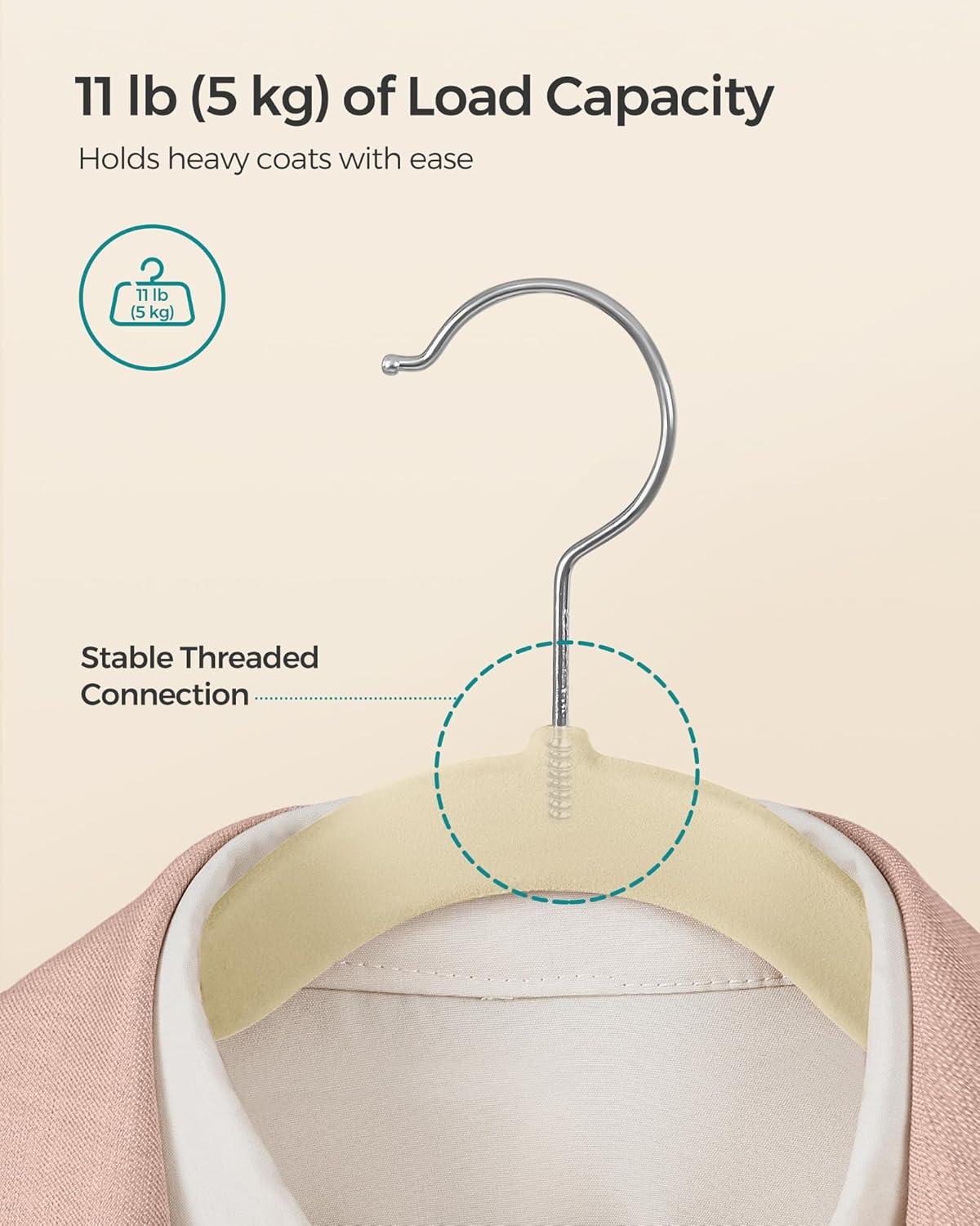 SONGMICS Velvet Hangers - 50 Pack Non-Slip Suit Hangers with Shoulder Notches & 360° Swivel Hook - Sand Beige