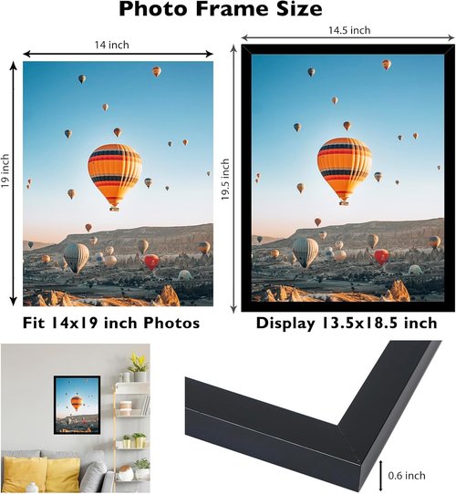 JCJMY 14x19 Picture Frame - Black Wall Gallery Frame for Horizontal & Vertical Photos | Shatter-Resistant Plexiglass