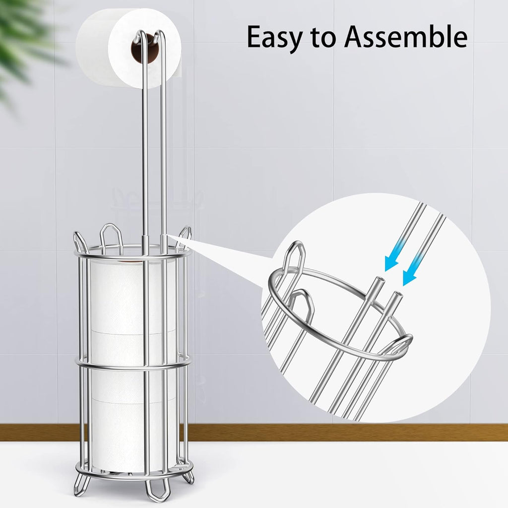 Meangood Toilet Paper Holder Stand - Free Standing Tissue Roll Dispenser for 4 Mega Rolls | Metal Wire Silver