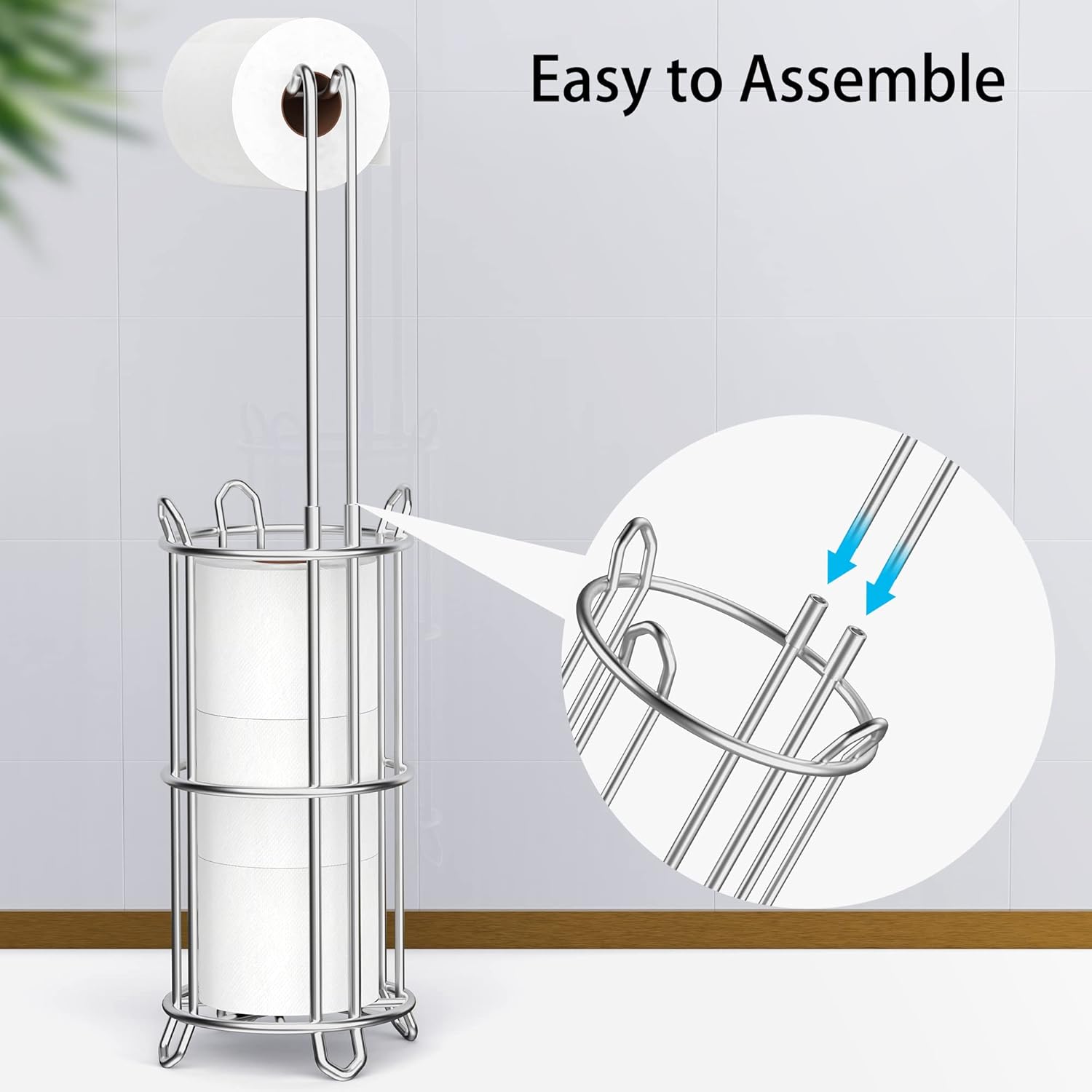 Meangood Toilet Paper Holder Stand - Free Standing Tissue Roll Dispenser for 4 Mega Rolls | Metal Wire Silver