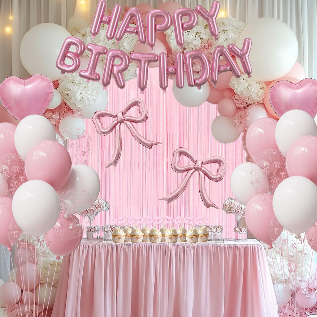 Pink Bow Birthday Party Decorations Kit with Bows Happy Birthday Balloon Banner, Pastel Pink Fringe Backdrop, Heart Balloons and Cake Toppers – Coquette Decor for Girls & Women