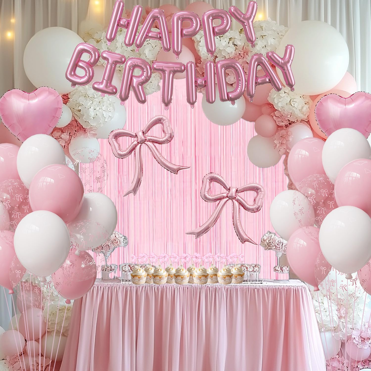 Pink Bow Birthday Party Decorations Kit with Bows Happy Birthday Balloon Banner, Pastel Pink Fringe Backdrop, Heart Balloons and Cake Toppers – Coquette Decor for Girls & Women