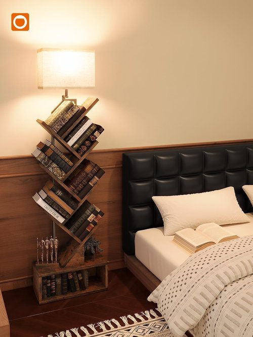 addlon 6-Tier Tree Book Shelf with LED Light, Steel&Wood Bookshelf with Storage Cabinet, Narrow Tall Bookcase with 3CCT Bulb, Small Bookshelf for Bedroom, Home Office&Living Room-Rustic Brown