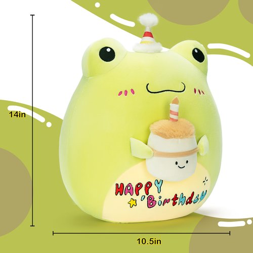 PLAYNICS Original 14-inch Large Happy Birthday Frog Plush Pillow Stuffed Animal Toy,Big Size Cute Soft Toys Fat Kawaii Cuddle Huggable Plushie,Gift for Kids