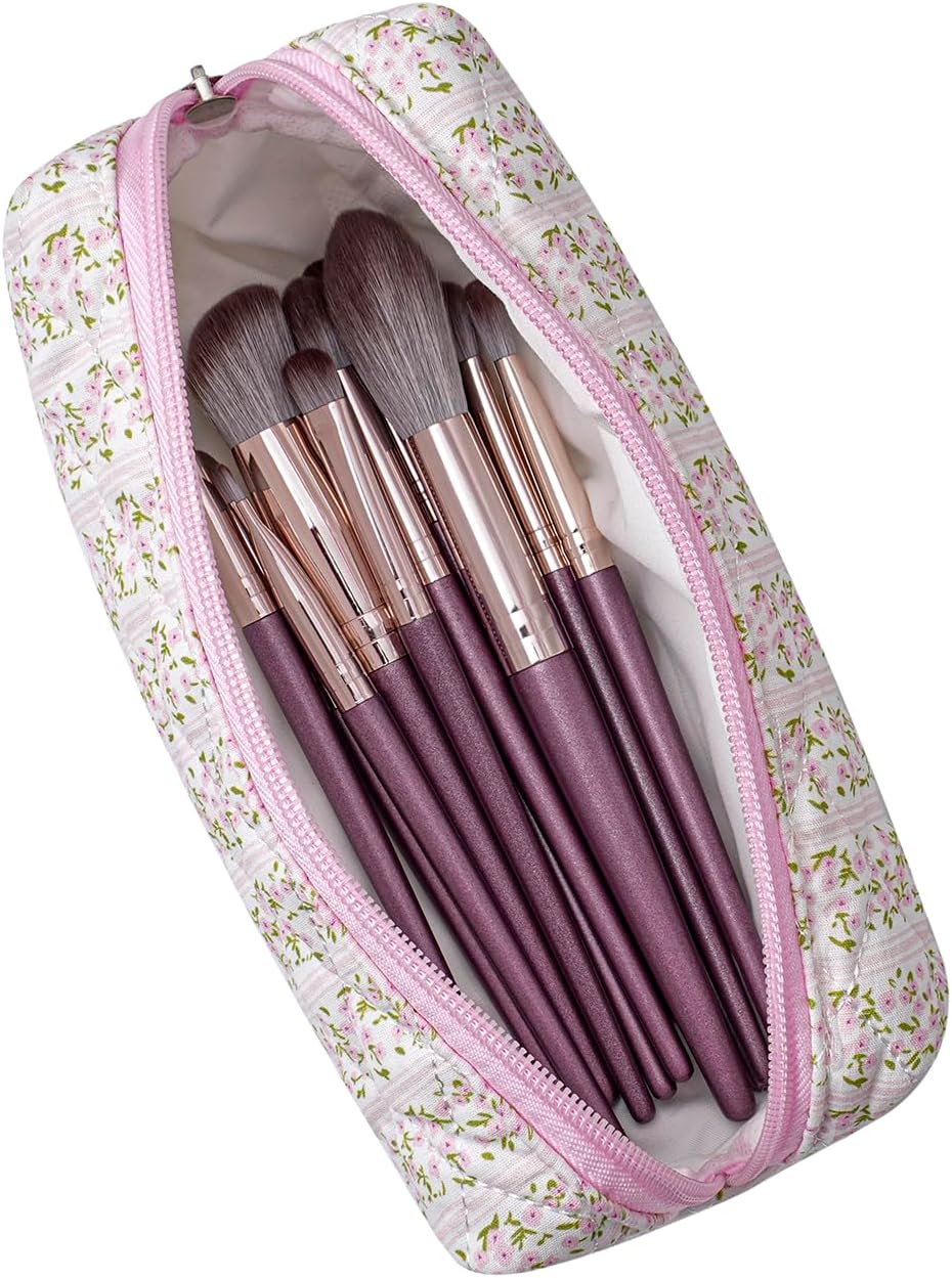 Skiennix Cute Floral Makeup Brush Bag - Quilted Travel Organizer Case | Pink Floral Design