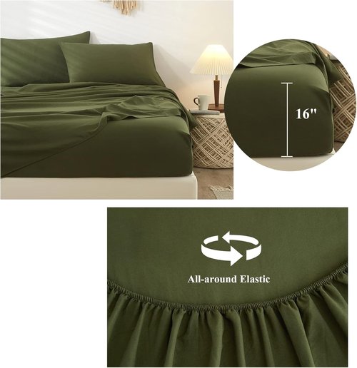 HighBuy Queen Sheet Set - Luxury Hotel-Quality Cooling Bedding - 4 Pieces, Army Green, 16'' Deep Pocket