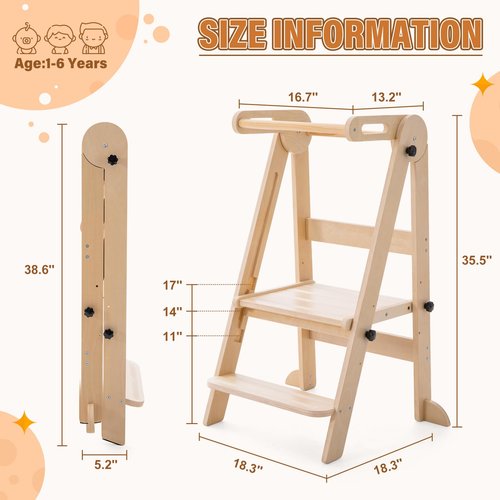 Gewitt Foldable Toddler Tower - Kitchen Step Stool Helper for Kids 1-6 Years, Montessori Toddler Standing Tower with 3 Adjustable Height for Kitchen Counter Bathroom