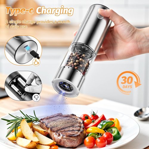 HomeHacks Electric Salt and Pepper Grinder Set - Rechargeable Type-C with LED Light, Stainless Steel, 6 Coarseness Levels, Perfect Valentine's Gift