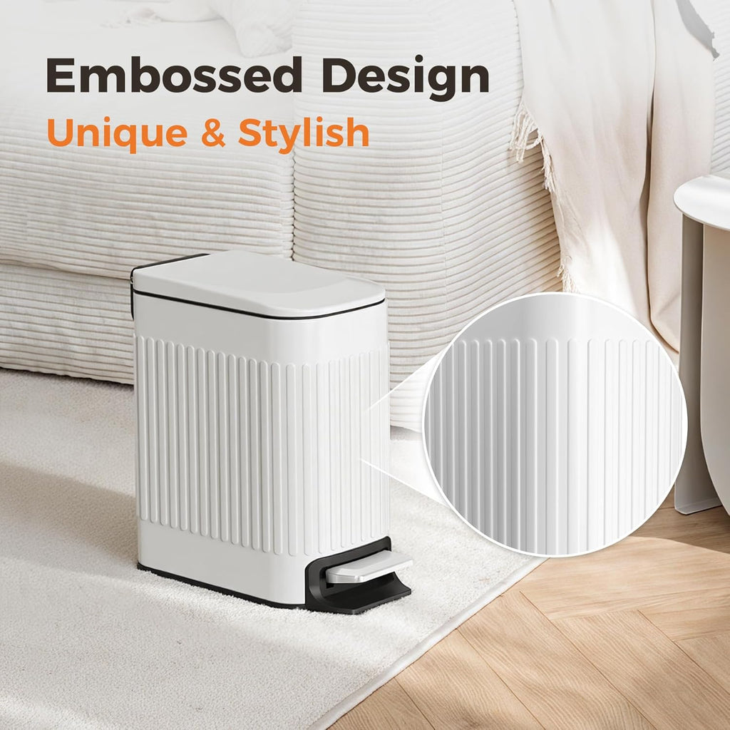 TrashAid Slim Bathroom Trash Can - Soft Close Lid, 6L Stainless Steel Wastebasket | White