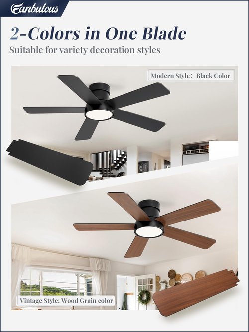 Fanbulous 42 Inch Ceiling Fans with Lights and Remote,Outdoor Indoor Modern Flush Mount Ceiling Fan with 3CCT 6-Speed Quiet DC Motor,Black Small Low Profile Ceiling Fan for Bedroom Living Room Office