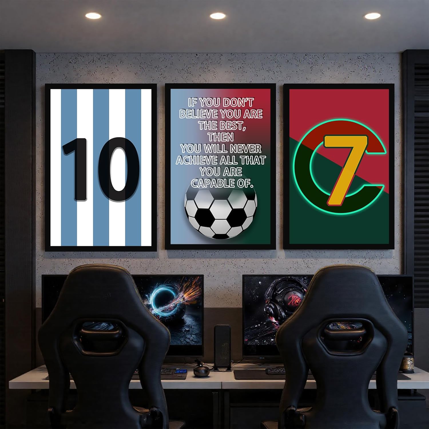 Pormipone Football Wall Art - 3 Pcs Soccer Canvas Posters for Boys' Room | 12x18 in Inspirational Decor