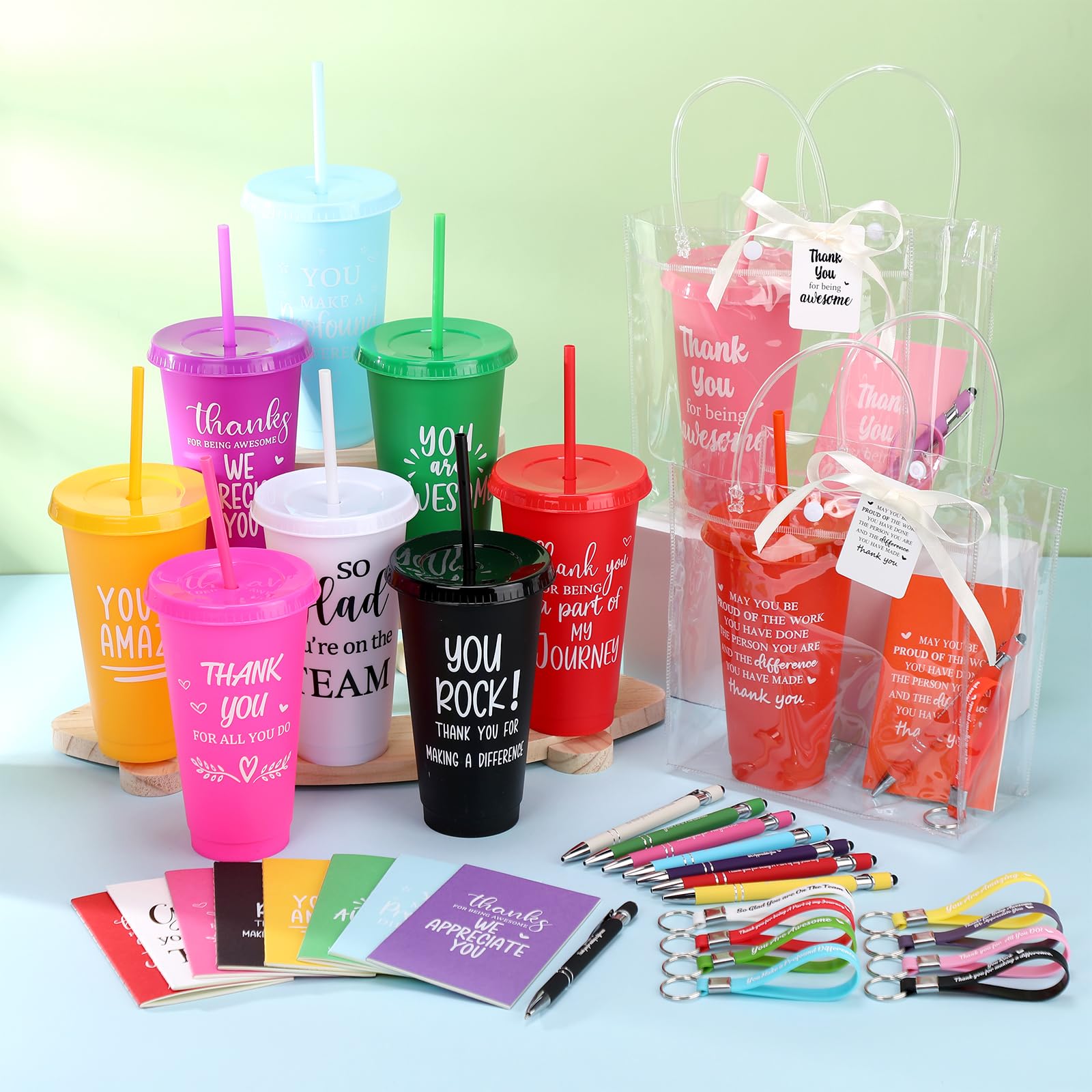 Widecook 181 Pcs Employee Appreciation Gifts 24 oz Inspirational Plastic Cups with Lid and Straw Notebooks Ballpoint Pens Keychains PVC Gift Bags Thank You Supplies for Teacher Coworker Staff(Classic)