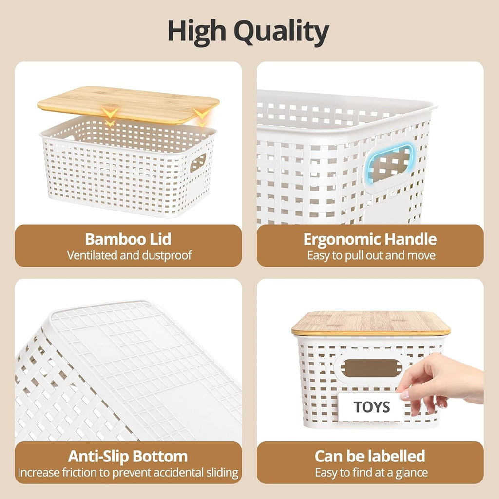 Plastic Storage Baskets - Stackable Organizing Bins with Bamboo Lids | 6 Pack, 10.2x7.2x4.1 Inch, White