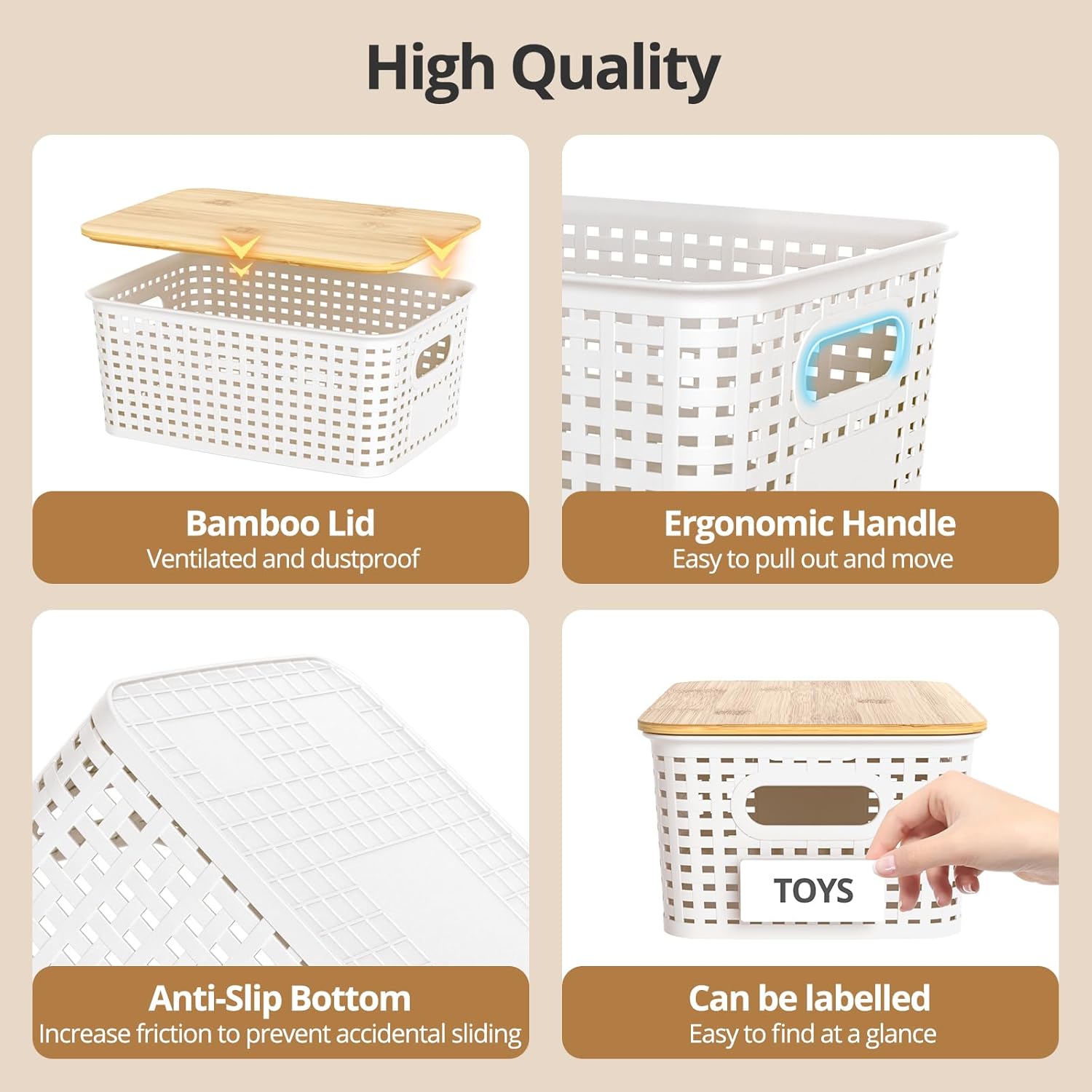 Plastic Storage Baskets - Stackable Organizing Bins with Bamboo Lids | 6 Pack, 10.2x7.2x4.1 Inch, White
