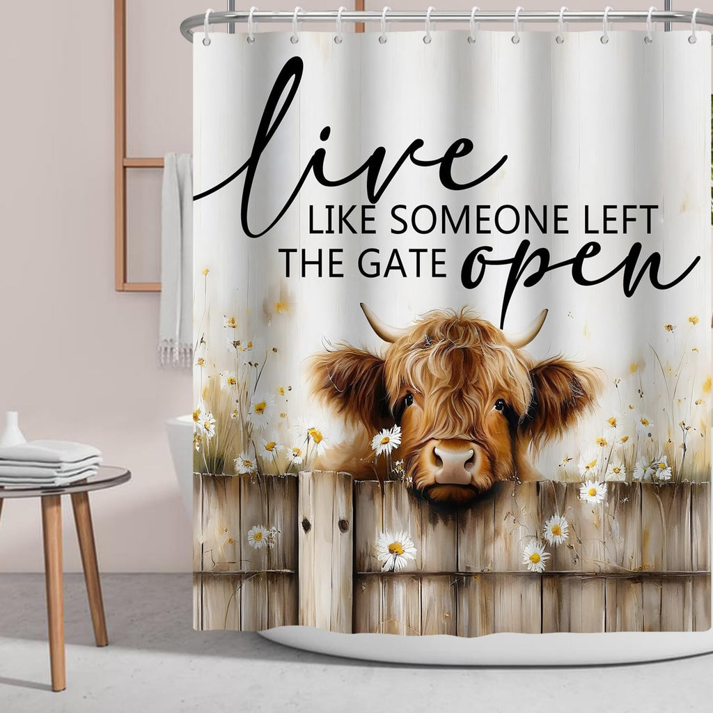 PEDBANRO Highland Cow Shower Curtain Inspirational Quotes Daisy Flower Farmhouse Fence,Funny Cattle Farm Animal Rustic Brown Fabric Shower Curtains Bathroom Accessories 72x72 Inches